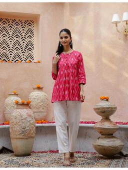 Gahan - Cotton Ikat Printed Pink Short Pleated Co-Ord (Set of 2)