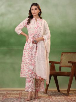 Gahan - Cotton Yoke Embellished Floral Printed A-Line Pink Kurta Pant & Dupatta (Set of 3)