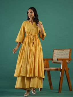 Gahan - Cotton Front Slit with Tie Up Waist Bandhani Mustard Anarkali & Palazzo (Set of 2)