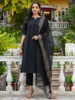 Gahan - Cotton Solid/Plain with Gota Patti Black Straight Kurta Pant & Zari Dupatta (Set of 3)