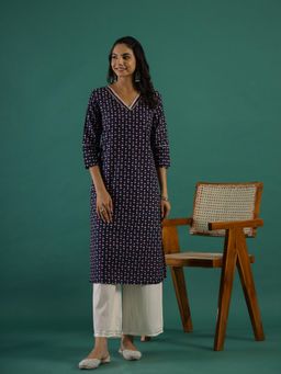 Gahan - Cotton Geometric Motifs Printed with Gota Patti Navy Blue Straight Kurta
