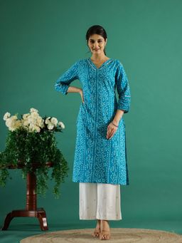 Gahan - Cotton Bandhani Printed with Gota Patti Detailed Blue Straight Kurta