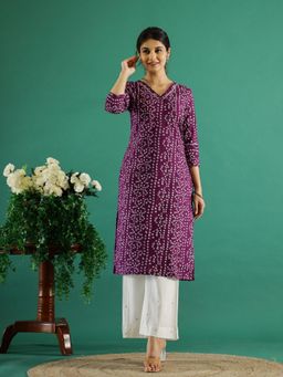 Gahan - Cotton Bandhani Printed with Gota Patti Detailed Purple Straight Kurta