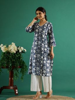 Gahan - Cotton Lace Embellished Floral Printed Navy Blue Straight Kurta