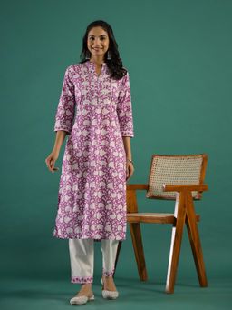 Gahan - Cotton Gota Embellished Floral Printed Straight Purple Kurta & Pant (Set of 2)