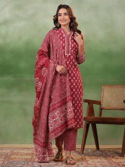 Gahan - Cotton Gota Embellished Ethnic Motifs Printed Maroon Kurta Pant & Dupatta (Set of 3)