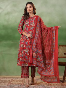 Gahan - Cotton Lace Embellished & sequin Floral Printed Red Kurta Pant & Dupatta (Set of 3)