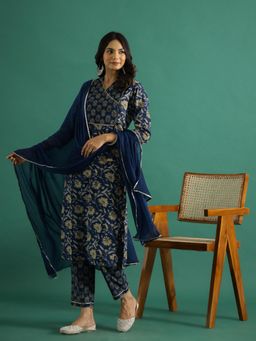 Gahan - Cotton Yoke sequin Floral Printed Navy Blue Angrakha Kurta Pant & Dupatta (Set of 3)
