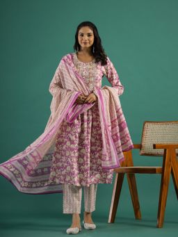 Gahan - Cotton Yoke Embellished with Floral Printed Lavender Kurta Pant & Dupatta (Set of 3)