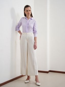 Pink Fort - Women Off White Cotton Linen Flared Trousers