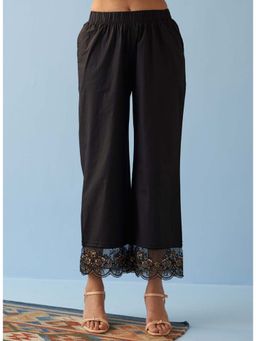 Lakshita - Black Straight Pants with Contrast Thread Embroidery