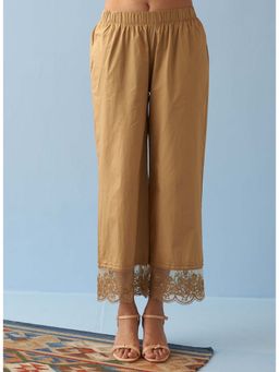 Lakshita - Golden Straight Pants with Contrast Thread Embroidery
