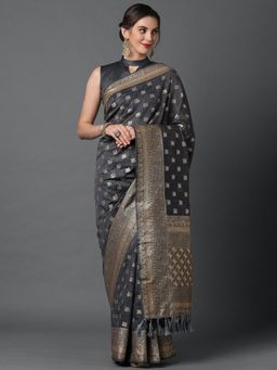 Akhilam - Grey Wedding Silk Blend Woven Design Saree with Unstitched