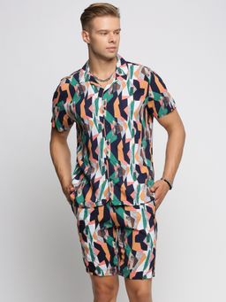 SHOWOFF - Men's Short Sleeves Printed Collar Over Sized Multi-Color Shirt with Shorts (Set of 2)
