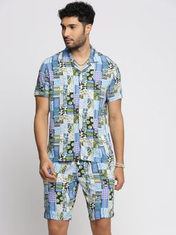 SHOWOFFFF - Men's Short Sleeves Printed Cuban Collar Over Sized Blue Shirt with Shorts (Set of 2)