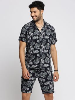 SHOWOFFFF - Men's Short Sleeves Printed Collar Over Sized Navy Blue Shirt with Shorts (Set of 2)