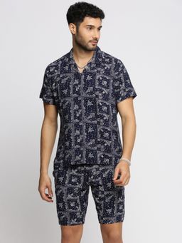 SHOWOFFFF - Men's Short Sleeves Printed Collar Over Sized Navy Blue Shirt with Shorts (Set of 2)