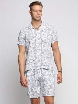SHOWOFF - Men's Short Sleeves Printed Cuban Collar Over Sized White Shirt with Shorts (Set of 2)