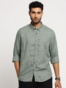 SHOWOFFFF - Men's Long Sleeves Spread Collar Gingham Checks Green Slim Fit Shirt