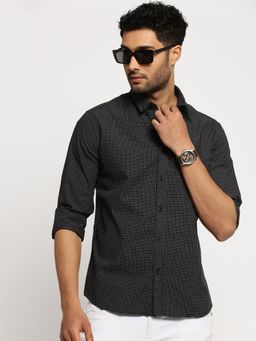 SHOWOFFFF - Men's Long Sleeves Spread Collar Micro Checks Black Slim Fit Shirt