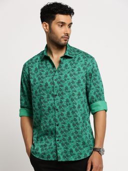 SHOWOFF - Men's Long Sleeves Spread Collar Floral Green Slim Fit Shirt