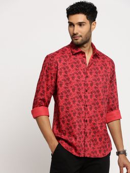 SHOWOFFFF - Men's Long Sleeves Spread Collar Floral Red Slim Fit Shirt