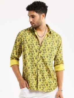 SHOWOFFFF - Men's Long Sleeves Spread Collar Floral Yellow Slim Fit Shirt
