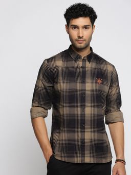 SHOWOFF - Men's Long Sleeves Spread Collar Tartan Checks Black Slim Fit Shirt