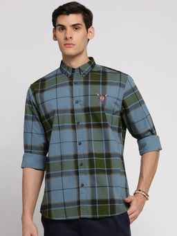 SHOWOFFFF - Men's Long Sleeves Spread Collar Tartan Checks Blue Slim Fit Shirt
