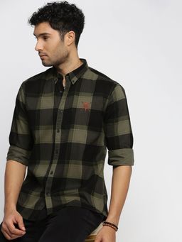 SHOWOFF - Men's Long Sleeves Spread Collar Tartan Checks Black Slim Fit Shirt