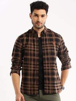 SHOWOFF - Men's Long Sleeves Checked Brown Slim Fit Standard Shirt