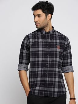 SHOWOFF - Men's Long Sleeves Spread Collar Tartan Checks Navy Blue Slim Fit Shirt