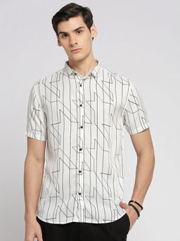 SHOWOFF - Men's Short Sleeves Spread Collar Geometric White Slim Fit Shirt