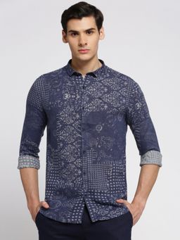 SHOWOFF - Men's Long Sleeves Spread Collar Ethnic Motifs Blue Slim Fit Shirt