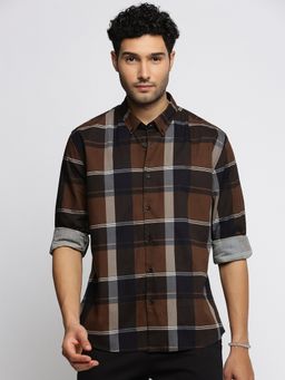 SHOWOFF - Men's Long Sleeves Spread Collar Tartan Checks Brown Slim Fit Shirt