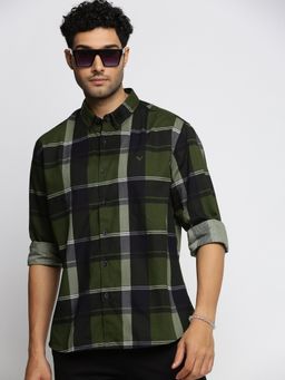 SHOWOFFFF - Men's Long Sleeves Spread Collar Tartan Checks Olive Slim Fit Shirt