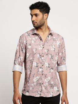 SHOWOFFFF - Men's Long Sleeves Spread Collar Floral Peach Slim Fit Shirt