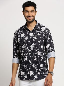 SHOWOFF - Men's Long Sleeves Spread Collar Floral Black Slim Fit Shirt