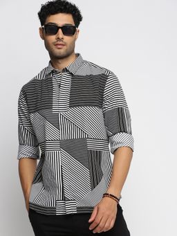 SHOWOFF - Men's Long Sleeves Spread Collar Multi Stripes Black Slim Fit Shirt