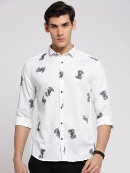 SHOWOFFFF - Men's Long Sleeves Spread Collar Graphic White Slim Fit Shirt
