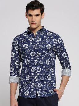 SHOWOFF - Men's Long Sleeves Spread Collar Floral Navy Blue Slim Fit Shirt