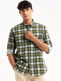SHOWOFF - Men's Long Sleeves Spread Collar Tartan Checks Green Slim Fit Shirt