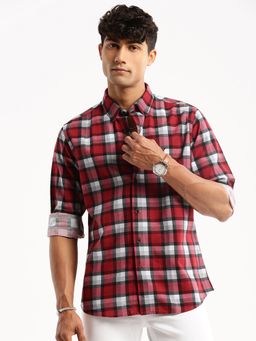 SHOWOFF - Men's Long Sleeves Spread Collar Windowpane Checks Maroon Slim Fit Shirt