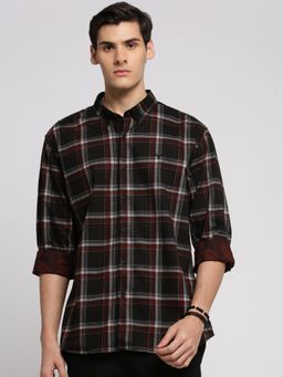 SHOWOFF - Men's Long Sleeves Spread Collar Tartan Checks Black Slim Fit Shirt