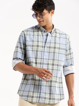 SHOWOFFFF - Men's Long Sleeves Spread Collar Tartan Checks Blue Slim Fit Shirt