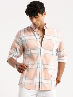 SHOWOFFFF - Men's Long Sleeves Spread Collar Windowpane Checks Peach Slim Fit Shirt