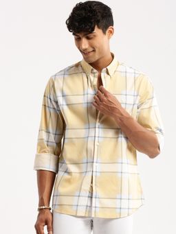 SHOWOFFFF - Men's Long Sleeves Spread Collar Windowpane Checks Yellow Slim Fit Shirt