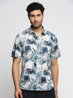 SHOWOFF - Men's Short Sleeves Spread Collar Abstract Blue Slim Fit Shirt