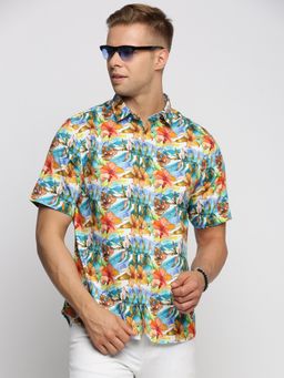 SHOWOFF - Men's Short Sleeves Spread Collar Floral Blue Slim Fit Shirt