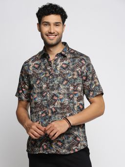 SHOWOFFFF - Men's Short Sleeves Spread Collar Floral Black Slim Fit Shirt